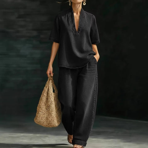 Casual retro denim V-neck short-sleeved trousers set m302511