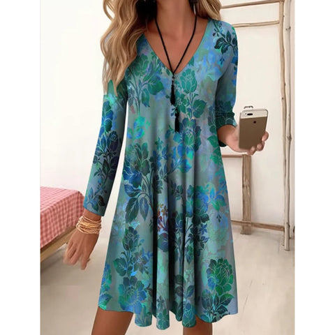 Herbst und Winter V-Ausschnitt hohe Taille Retro allmähliche Veränderung Farbdruck Neunviertelärmel lockeres Kleid m300742 