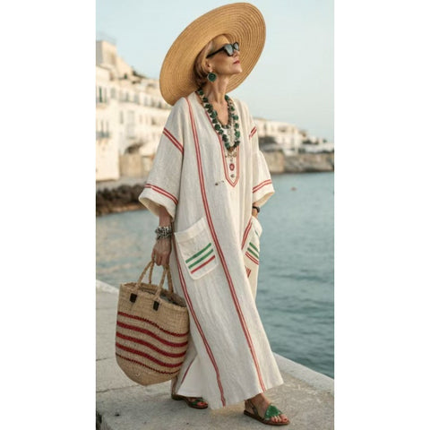Holiday long striped embroidered dress m302762