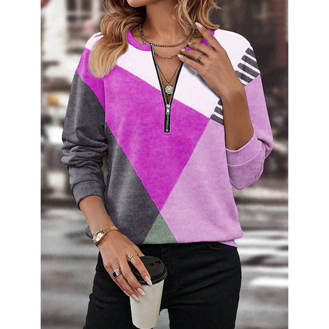 Herbst und Winter farblich passender, lockerer Pullover mit Reißverschluss und langen Ärmeln und V-Ausschnitt m300608 