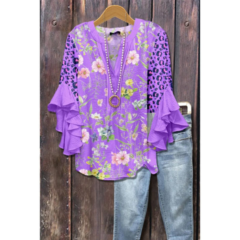 Floral element printing digital printing casual trend V-neck lotus edge T-shirt women's upper m302746
