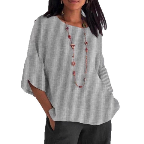Einfarbiges, lockeres T-Shirt aus Baumwolle und Leinen mit Rundhalsausschnitt für Frühling und Sommer m301440 
