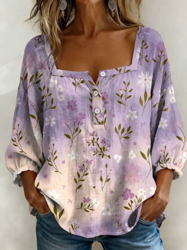 Floral print 3-button elegant wide neck top m302847