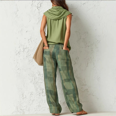 Retro casual fashion sleeveless top and plaid pants set m303064