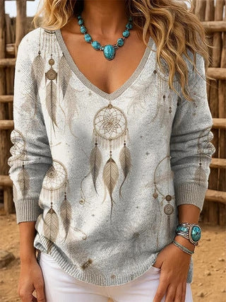 Shoulder V-neck Long Sleeve Pullover 3D Digital Printing Women's Top T-Shirt FF303430 02