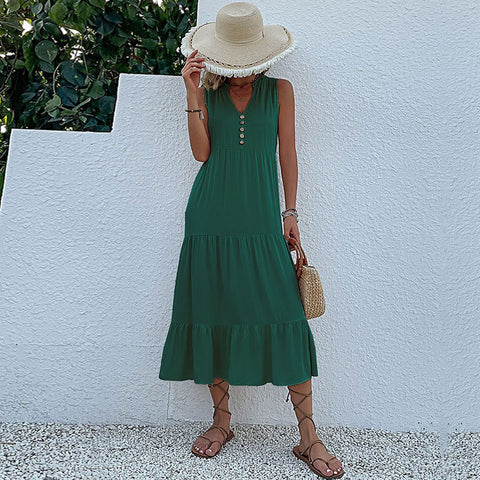 Summer popular sleeveless pleated skirt loose V-neck medium and long dress m300851