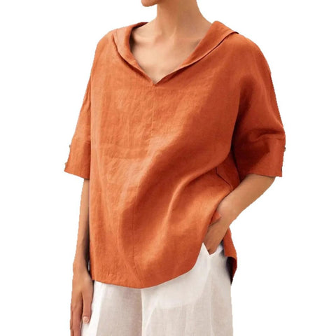 Einfarbiges, lockeres T-Shirt aus Baumwolle und Leinen für Damen mit Kapuze m301294 
