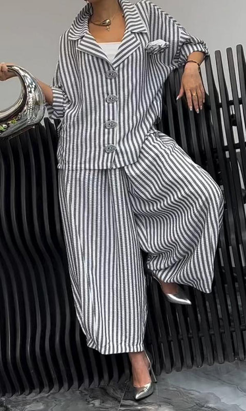 Autumn commuter temperament flower striped loose blazer casual suit m302316