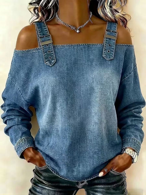One-word tie shoulder strap long-sleeved top m303209