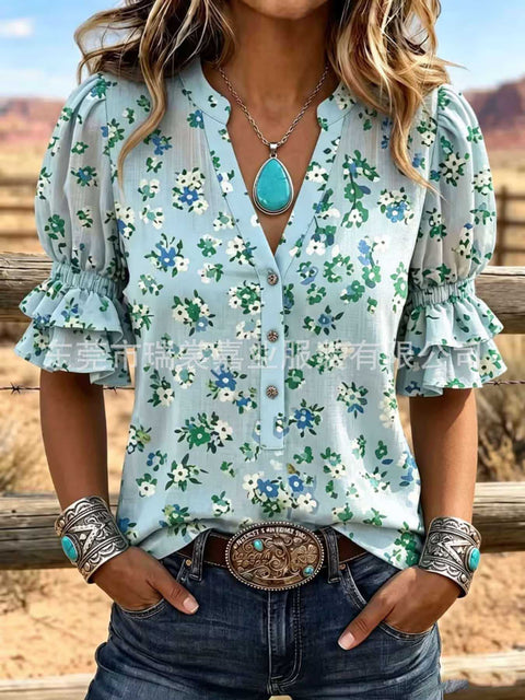 V-neck three-button top digital print horn-sleeved shirt FF303333