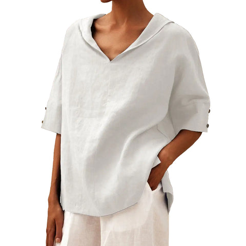Einfarbiges, lockeres T-Shirt aus Baumwolle und Leinen für Damen mit Kapuze m301294 