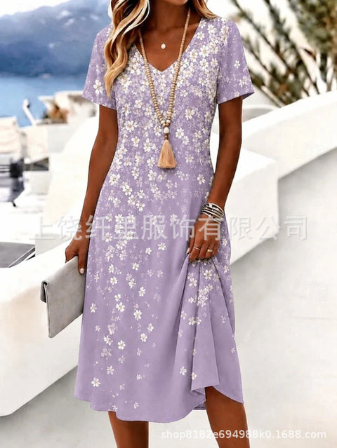 Printed women's v-neck short-sleeved temperament fashion dress m303046