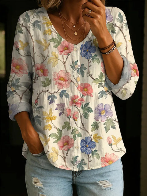 Crew Neck Women's Floral 3D Printed Henley Shirt FF303180