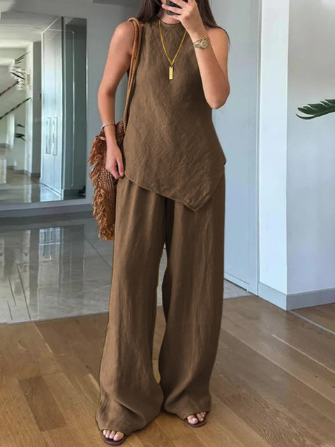 Lässiger Rundhalspullover ärmellos plus Taschenhose Baumwolle mehrfarbig m301437 