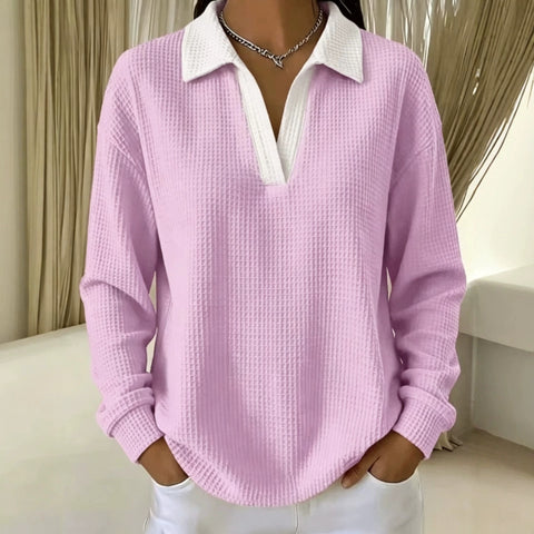 Waffle Contrast Long Sleeve Polo Top Women's m303233