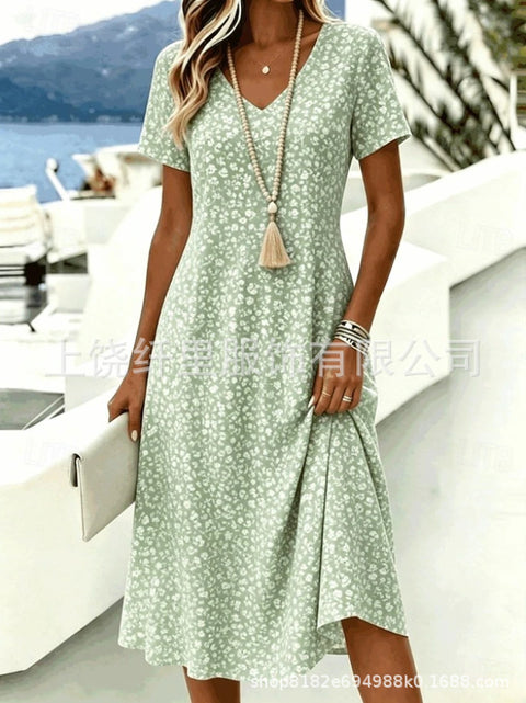 Printed women's v-neck short-sleeved temperament fashion dress m303046