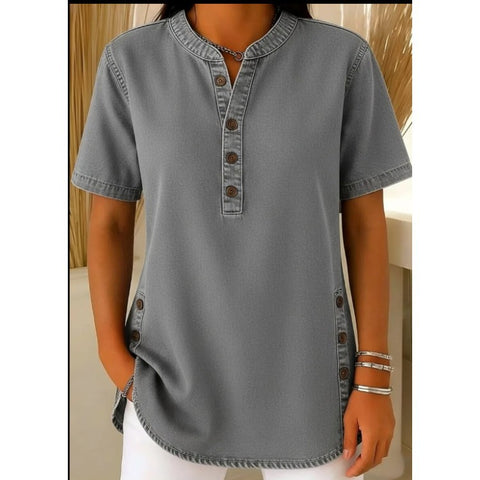 Crew Neck Button Daily Commuter Denim Casual Short Sleeve T-Shirt FF303259