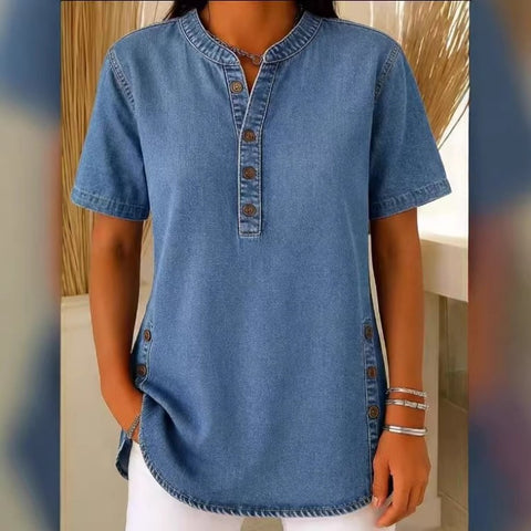Crew Neck Button Daily Commuter Denim Casual Short Sleeve T-Shirt FF303259