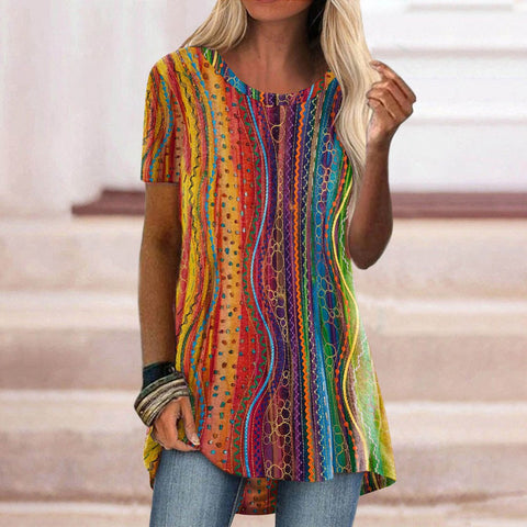 Casual ethnic style retro printed short-sleeved T-shirt m302728