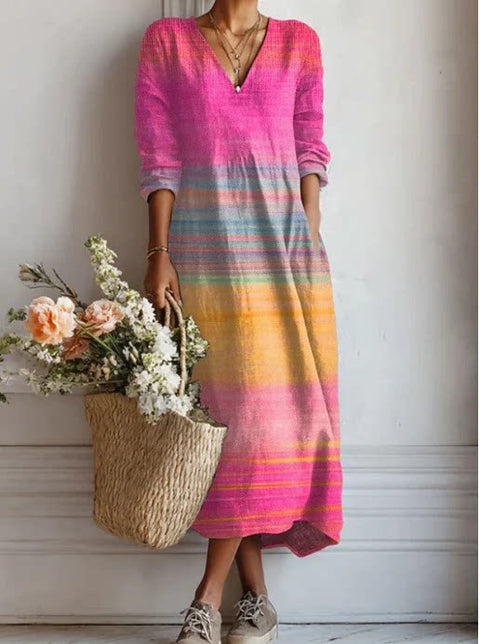 Women's loose V-neck fashion high-end long-sleeved printed collar dress m302766