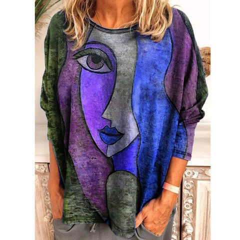 T-shirt ample à manches longues pour femme, imprimé visage, grande taille, m300665 