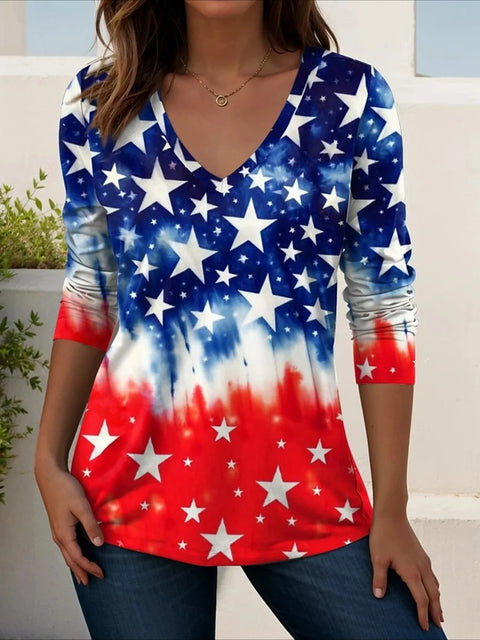 Short Sleeve V-Neck Long Sleeve T-Shirt Independence Day Element Print m302367