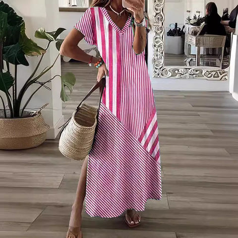Robe fendue à col en V et imprimé à rayures positionnées m301462 