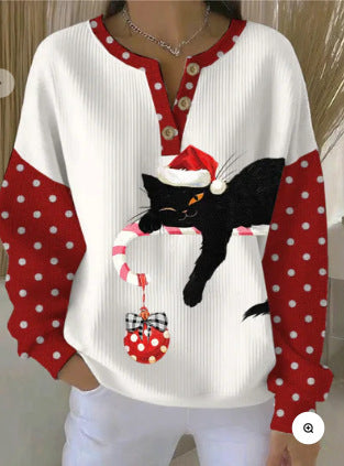 Vintage 3D digital printing four-button stand-up collar Polo sweater women m302158