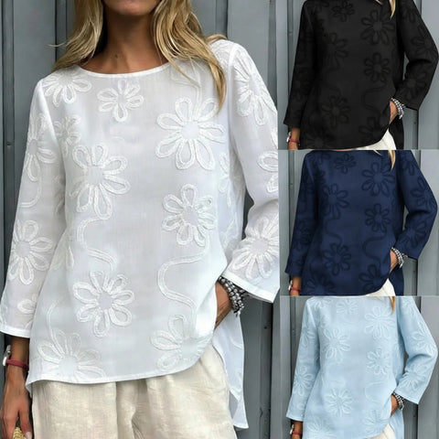 Spring new solid color pattern embroidered long-sleeved top women's clothing m302671