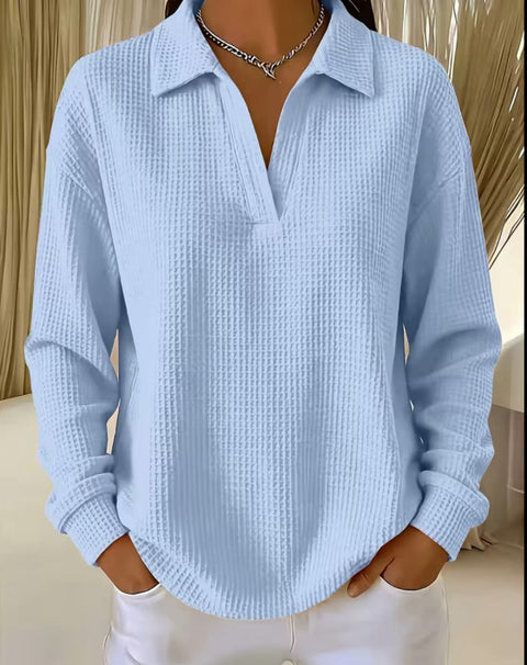 Waffle Lapel Long Sleeve Polo Top m303214