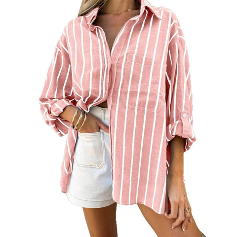 Spring and summer loose polo collar striped pocket armband shirt m302119