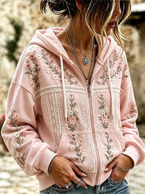 Sequin floral elements 3D digital printing loose casual hooded sweater m303215