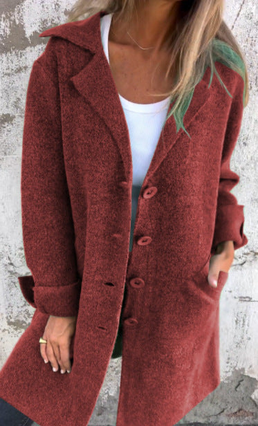 Damen einfarbig Revers mit Tasche Strickjacke einreihig mittellanger und langer Mantel m300614 