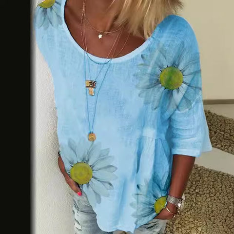T-shirt col rond manches sept-quarts imprimé chrysanthème pour femme m300893 