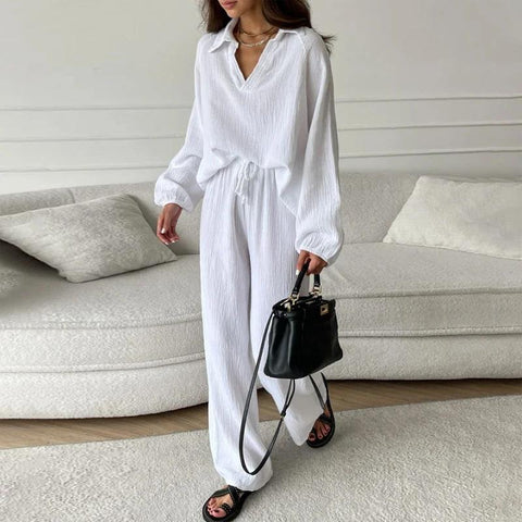 Elegante frauen casual lose anzug frauen lange-ärmeln top + kordelzug hosen anzug herbst revers zwei-stück set m301184 