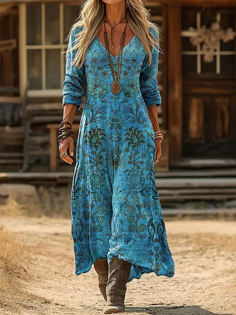 Creative tie-dye 3D printing women's new V-neck long-sleeved dress medium and long dress m302799