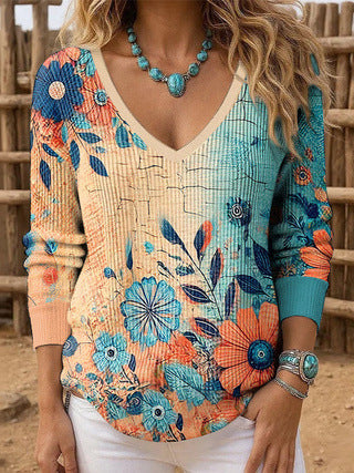 Shoulder V-neck Long Sleeve Pullover 3D Digital Printing Women's Top T-Shirt FF303430 02