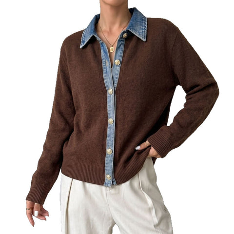 Fake two-piece lapel knitted cardigan autumn and winter loose women's long-sleeved top FF303348