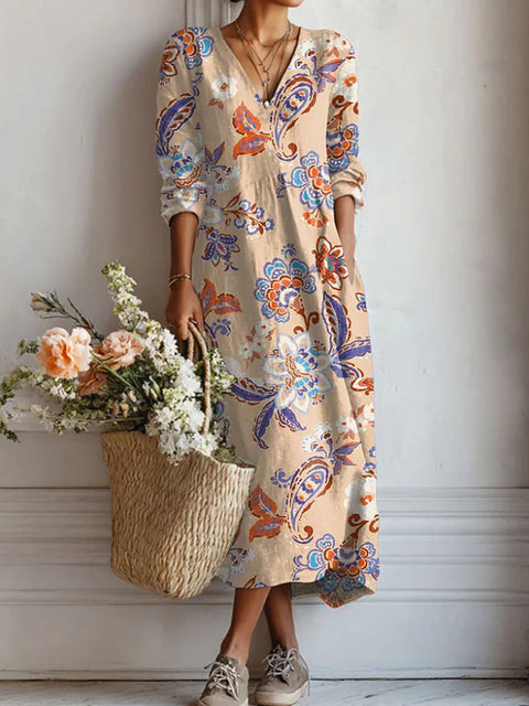 Women's loose V-neck fashion high-end long-sleeved printed collar dress m302766