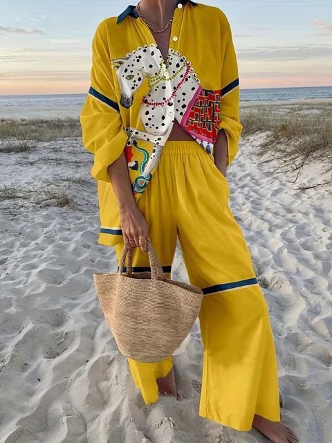 Linglong hemp fish shading casual suit loose sports wide-leg pants marine element casual shirt m303169