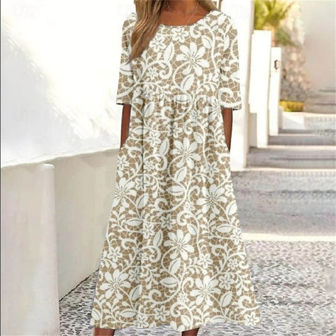 Damen Casual Rundhals Pullover Kurzarm 3D Druck Plissee Taille Swing Langes Kleid m301299 