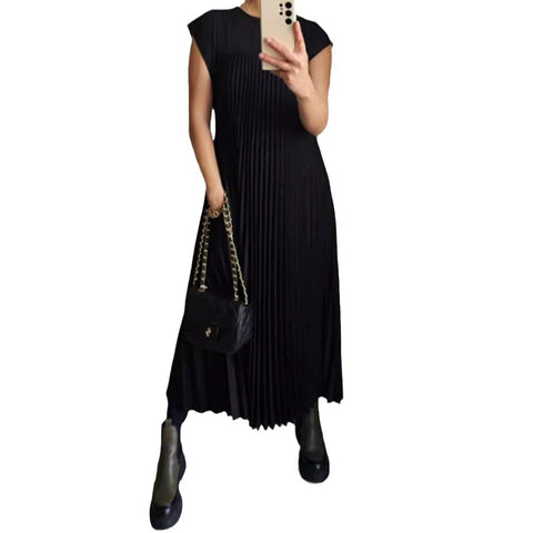 Robe plissée sans manches à col rond tendance m301308 