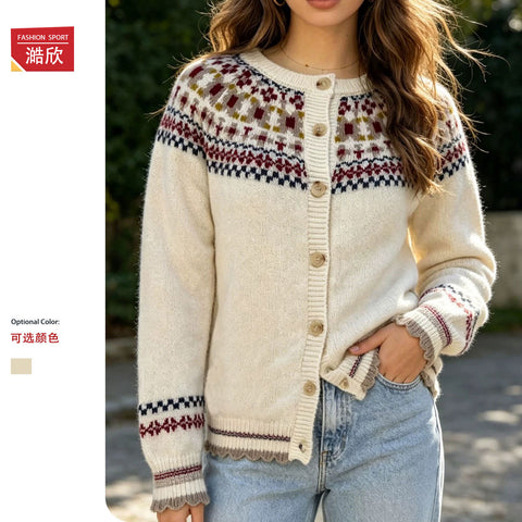 Fair Island jacquard knitted cardigan women's autumn and winter new crew neck retro sweater jacket loose versatile top FF303502