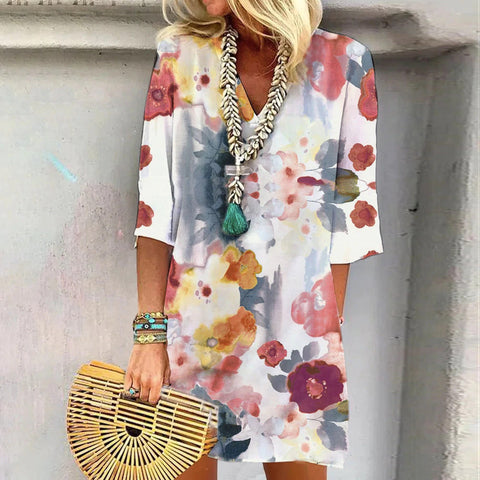 Kleid mit mittellangen Ärmeln und Taschen im Aquarell- und Blumenmuster, m300739 