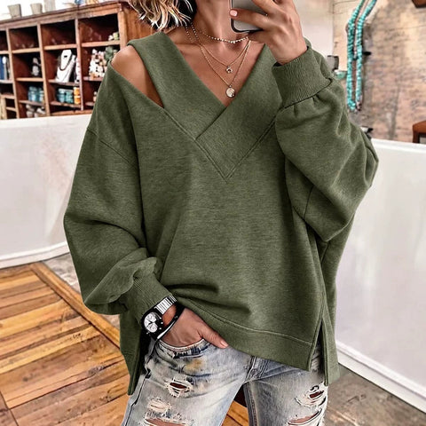 Open shoulder sweater autumn and winter new age-reducing foreign style V-neck leopard print long-sleeved top FF303328