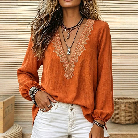 T-shirt deep V-neck exquisite print lantern sleeves loose holiday style orange loose shirt FF303378