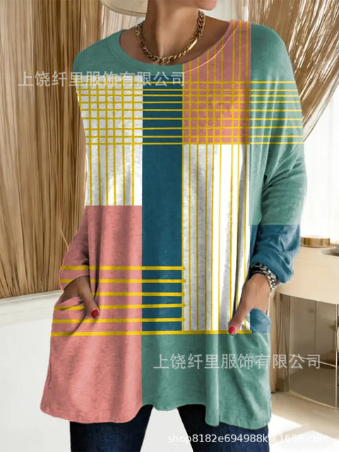 3D printed women's new medium and long pocket round neck pullover fashion T-shirt m303192