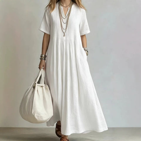 Ladies casual loose V-neck short-sleeved pleated cotton and linen dress m303244