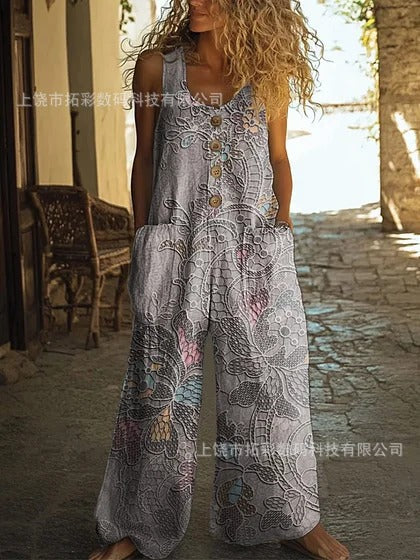 Retro trend wide-leg pants overalls women's sleeveless imitation denim m302436