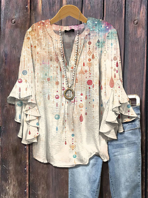 Creative floral element printing digital printing casual trend V-neck lotus edge horn T-shirt m302747